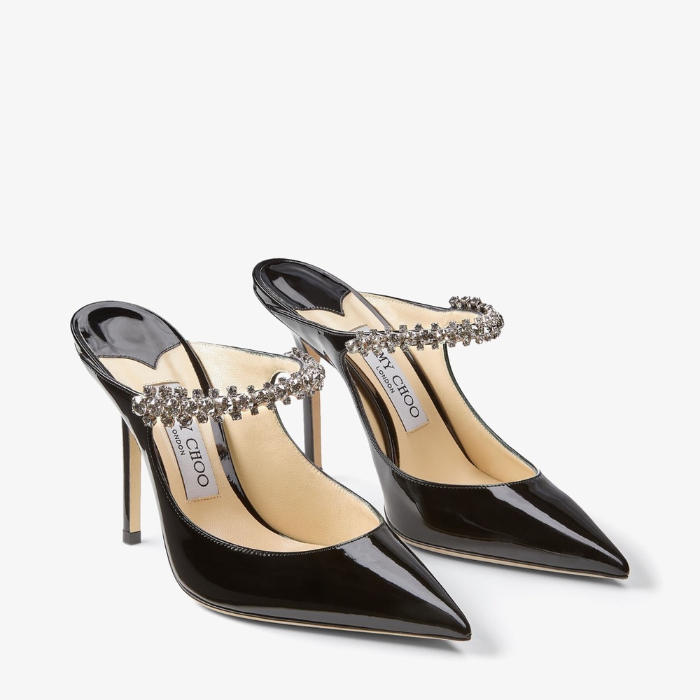 JIMMY CHOO Black Patent Leather Mules with Crystal Strap